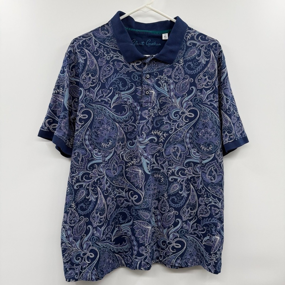 Robert Graham Mens XL Classic Fit Polo Shirt Blue Purple Paisley Print All Over